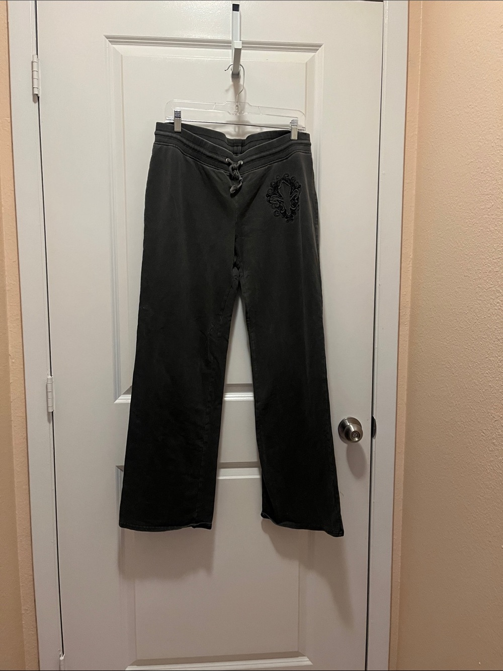 Vertigo Paris Grey Wide-Leg Flare Pants with Embroidered Crest